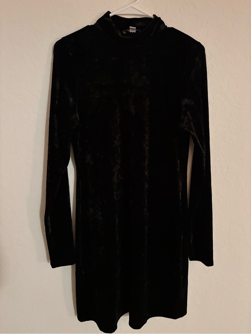 Long Sleeve Black Velvet Mini Dress - Mock Neck